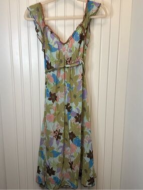 Vintage 213 Y2K Floral Midi Dress W/ Ruffle Lace Trim Garden Girl Summer Med
